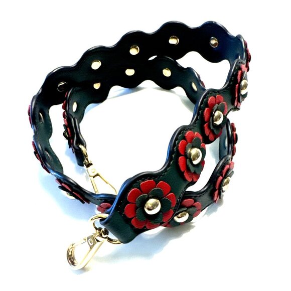 Purse Strap Green & Red Floral with Gold Tone Hooks - Picture 4 of 4